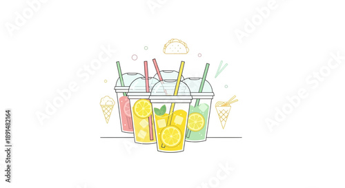 Refreshing Summer Drinks Colorful Lemonade and Ice Cream Illustration.