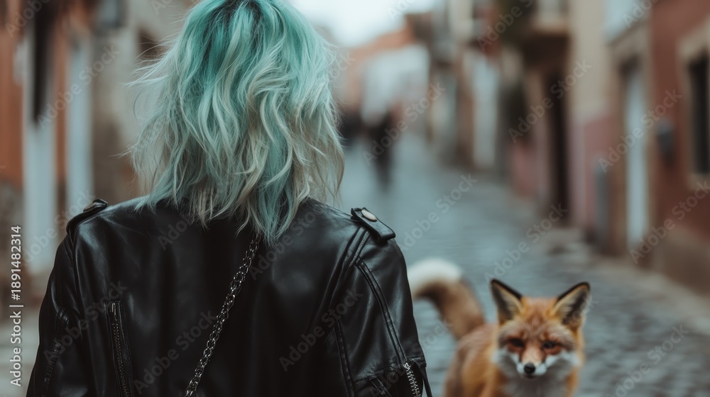Fototapeta premium A stylish woman with mint-green hair walks through a quaint cobblestone street, accompanied by a curious fox, embodying a whimsical and enchanting urban vibe.