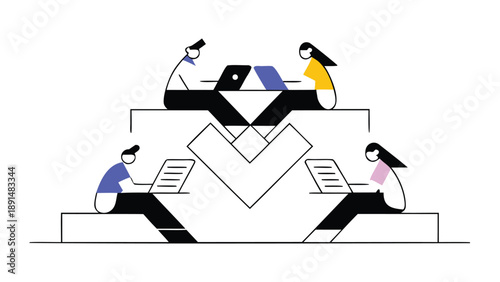 Flat vector illustration of a diverse team coordinating tasks across multiple levels with laptops and documents