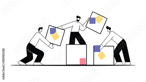 Flat illustration of three people collaboratively solving a colorful puzzle together