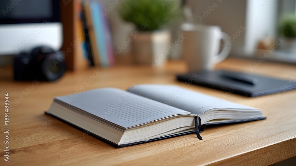 Fototapeta premium An open notebook with a bookmark rests on a wooden desk with office supplies blurred in the background