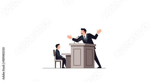 Professional Legal Scene with a Man Speaking from a Witness Stand in a Courtroom. Justice and Law Concept.