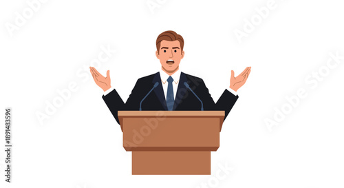 Confident Male Public Speaker at a Wooden Podium with Microphones making Expressive Hand Gestures. Politics.