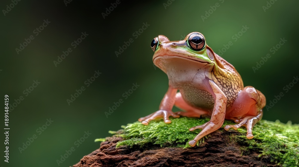 Obraz premium A stunning close-up of a frog perched on moss, showcasing rich details and vibrant colors that highlight nature's beauty and the essence of life in a lush environment.