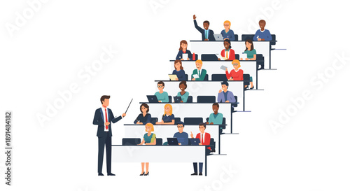 University Professor Lecturing a Group of Students in a Large Tiered Classroom. Higher Education Concept Art.