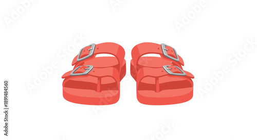 Pair of Bright Red Summer Sandals with Buckles and Thick Soles. Modern Fashion Footwear Design Illustration.