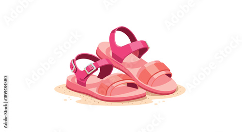 Pink Children's Sandals on a Sandy Beach Background. Summer Vacation and Kids Fashion Footwear Illustration.