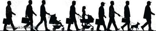 Silhouettes of people walking with luggage and dog silhouettes, people walking, luggage, briefcases, strollers, dog, leash, white background, black silhouettes, walking, commuters, travelers, people, 