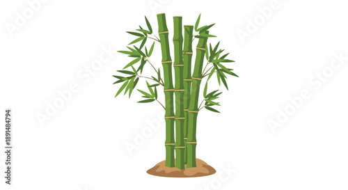 A serene botanical illustration showcasing a vibrant cluster of multiple green bamboo stalks with numerous delicate leaves emerging gracefully,