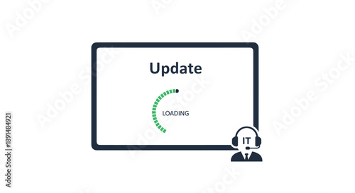 Tablet Screen showing an Update Progress Bar with a Loading Status and an IT Support Professional Icon.