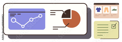 Business analytics, e-commerce trends, data visualization, marketing strategy, online shopping tools, reporting. Graph, pie chart product page and checklist. Business analytics and e-commerce