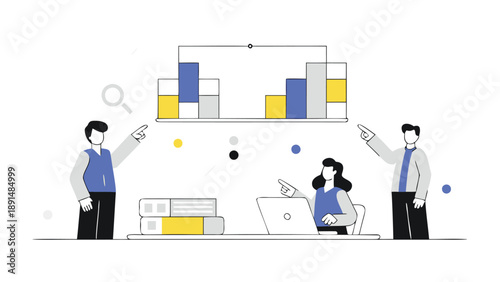 Three business analysts examining layered data charts and graphs in a meeting room with a laptop and documents on a table
