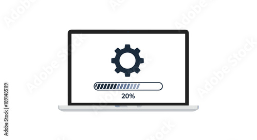 Modern Laptop Screen showing a Software Update in Progress with a Percentage Bar and Gear Icon. IT Support.