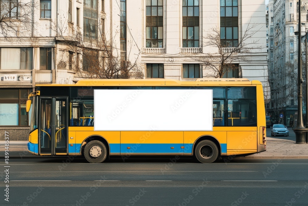 Obraz premium Blank white advertising panel on a yellow and blue public transport bus parked on a city street during the day