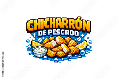 Crispy fish chicharrón with lemon and sauce in pixel art style