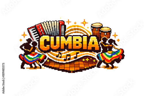 Colorful retro cumbia dance with accordion and drums in pixel art style