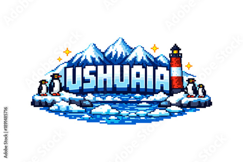 Pixel art ushuaia scene with penguins, lighthouse, and snowy mountains