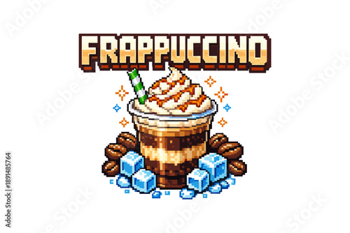 Pixel art frappuccino with coffee beans and ice cubes in retro style