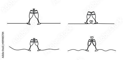 Champagne glasses toasting celebration couple romance heart single line art