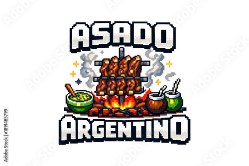 Argentine asado bbq pixel art with fire, grill, and traditional yerba mate