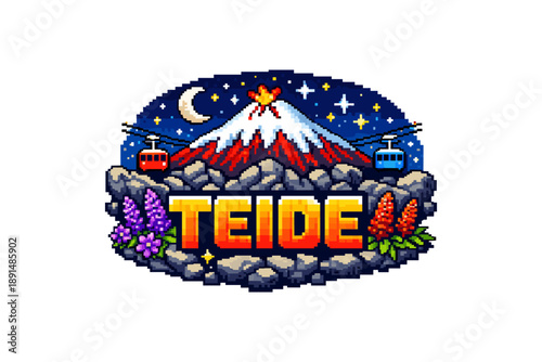 Vibrant pixel art of teide volcano with cable cars and night sky