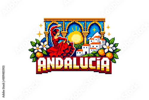 Retro pixel art of andalusia with flamenco dancer and spanish village scene