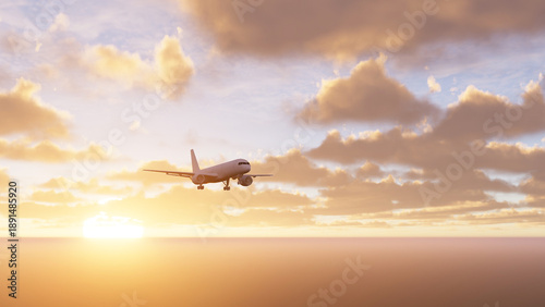 Airplane impressive landing flying overhead. Airplane flies in sunrise sky. Travel. Airplane takes off against the background of sunset sky.