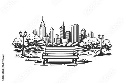 intage hand drawn engraving style vector illustration of a peaceful city park featuring a wooden bench overlooking a modern urban skyline with skyscrapers.