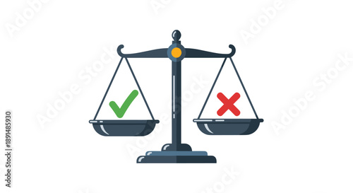 Balanced Scale of Justice with a Green Check Mark and a Red Cross Mark. Concept for Fair Decision Making.