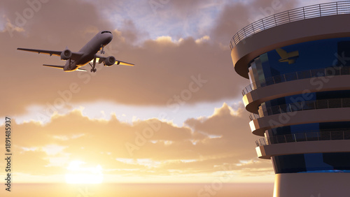 Airport control tower and departing passenger plane. Airline transportation idea concept. Travel by plane, vacation. Aviation. Aircraft flying in blue sky. Airport traffic control tower
