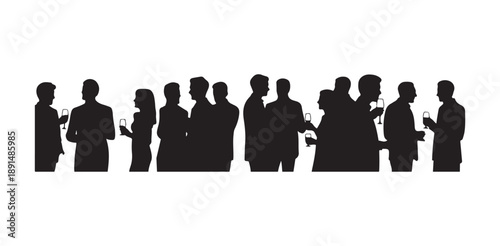 Large crowd silhouette of diverse people chatting and holding drinks at large festive function