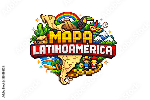 Colorful pixel art map celebrating latin america with cultural icons and landmarks