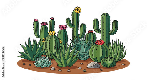 A delightful digital artwork portraying an assortment of vibrant desert flora including spiky cacti and diverse succulents adorned with vivid blooms