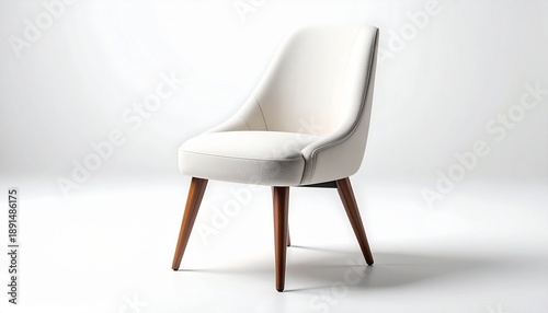 Wallpaper Mural Elegant white upholstered dining chair with mid-century modern design featuring tapered wooden legs, shown from a three-quarter angle. This stylish and comfortable seat is isolated on a clean white bg Torontodigital.ca