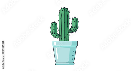 Charming minimalist saguaro style cactus in a pale aqua pot, an iconic desert plant rendered in a clean flat graphic vector illustration with