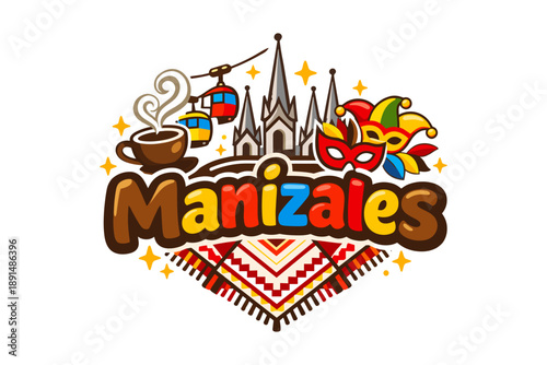 Colorful manizales city emblem with coffee, cathedral, and cable cars