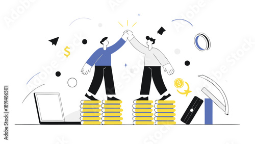 Two business executives in blue and gray shirts high five on stacks of gold coins with laptop and financial symbols around them