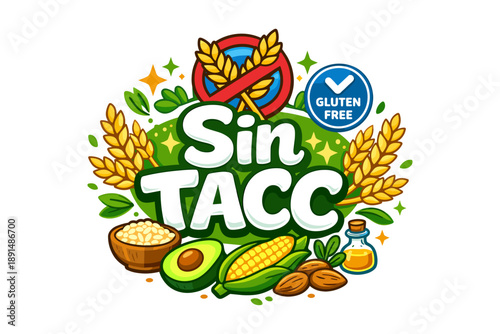 Gluten-free sin tacc badge with corn, avocado, almonds, and oil in colorful cartoon style