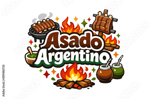 Argentinian barbecue with grill, fire, and traditional yerba mate