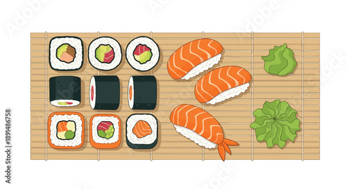 Professional Sushi Nigiri and Maki Roll Assortment on a Traditional Bamboo Mat with Wasabi and Green Garnish