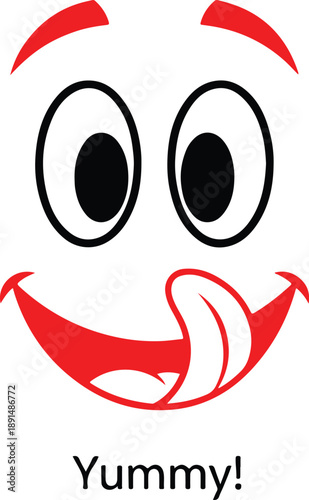 Cartoon face with licking tongue and 'yummy!' text, symbolizing deliciousness and craving isolated on transparent background