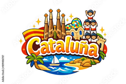 Colorful catalunya travel design with iconic landmarks and culture