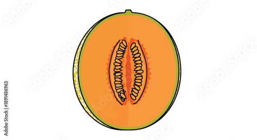 A vibrant, stylized illustration showcasing a freshly sliced cantaloupe, highlighting its rich orange interior and distinct seed cavity. Ideal for