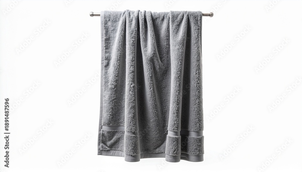 custom made wallpaper toronto digitalA soft, plush gray bath towel made of cotton terry cloth hangs on a metal rod, neatly folded and displayed. This clean, absorbent textile is ready for use in a bathroom or spa, isolated on a white bg.