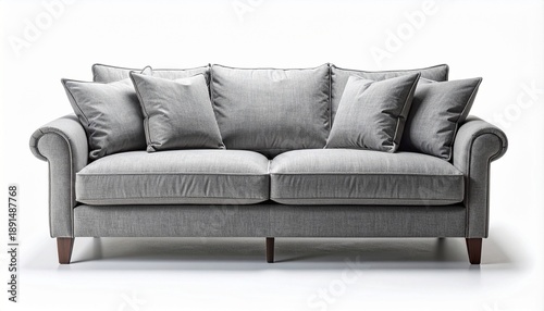Comfortable and stylish gray fabric sofa with soft cushions. Modern three-seater couch for living room interior design. Classic furniture piece isolated on a clean white background studio shot.