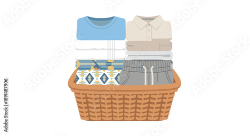 Large Woven Laundry Basket with Stacks of Folded Clothing and Towels for Household Management Illustration