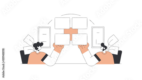 Two business team members aligning strategy and vision with documents and whiteboards in a collaborative workspace