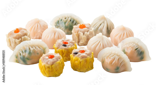 Traditional dim sum assortment, steamed Chinese dumplings and shumai, isolated food on white background