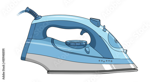 Depicting a contemporary blue and grey electric steam iron appliance essential for household chores and garment pressing ensuring wrinkle-free
