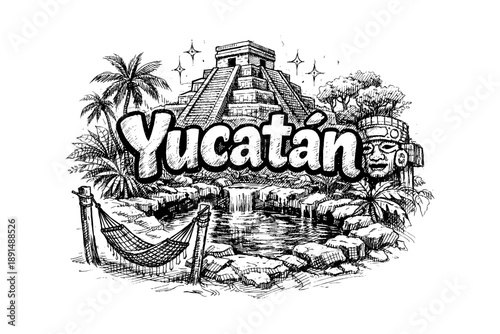 Hand-drawn yucatán scene: mayan pyramid, palms, and traditional icons